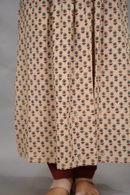 Cream Ajrakh Cotton Patchwork Aline Kurta | Looms & Tassels