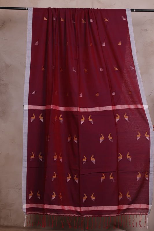 Maroon Handwoven Malai Cotton Saree with Peacock Butta Weaving | Looms & Tassels