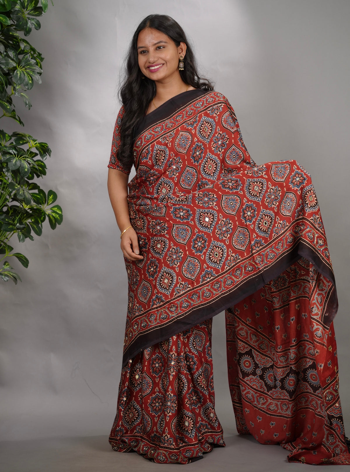 Maroon Ajrakh Modal Silk Hand Embroidery Saree  | Looms & Tassels