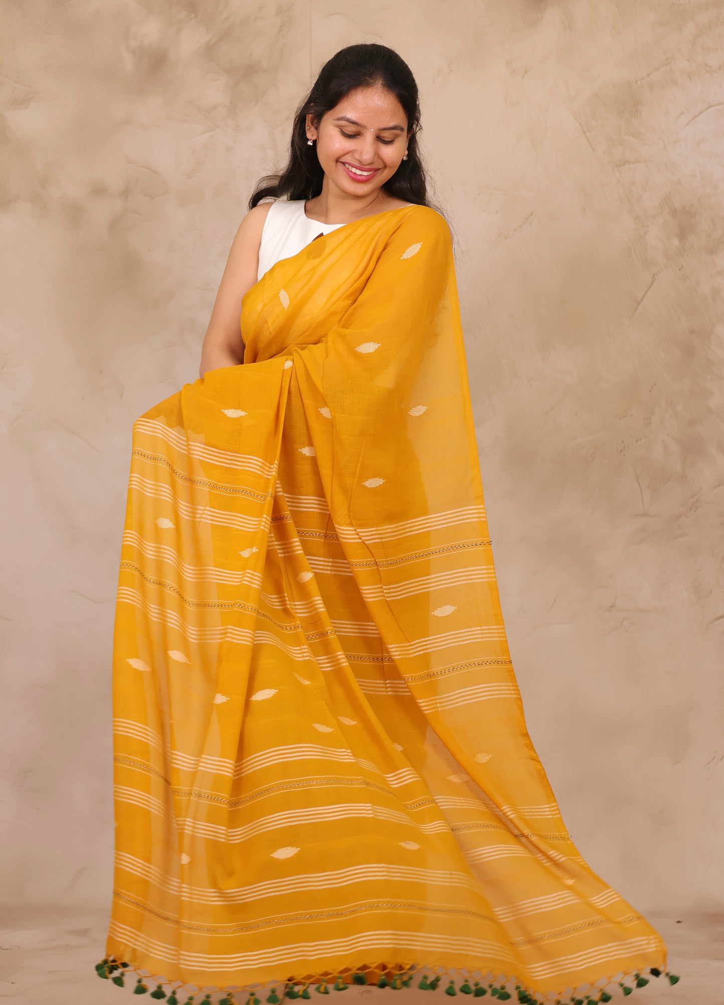 Mustard Malai Cotton Saree with Butta Weaving | Looms & Tassels