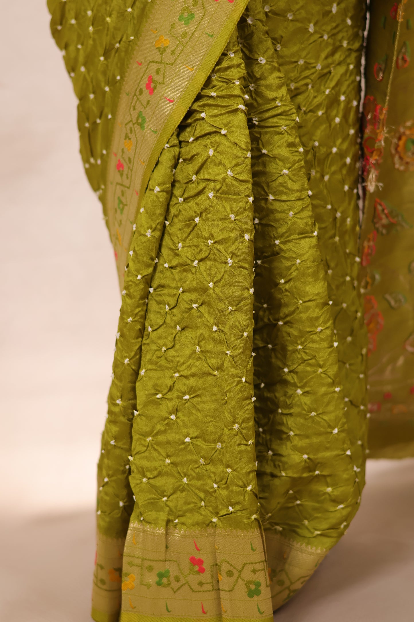 Olive Green Handcrafted Bandhani Paithani Dola Silk Saree | Looms & Tassels