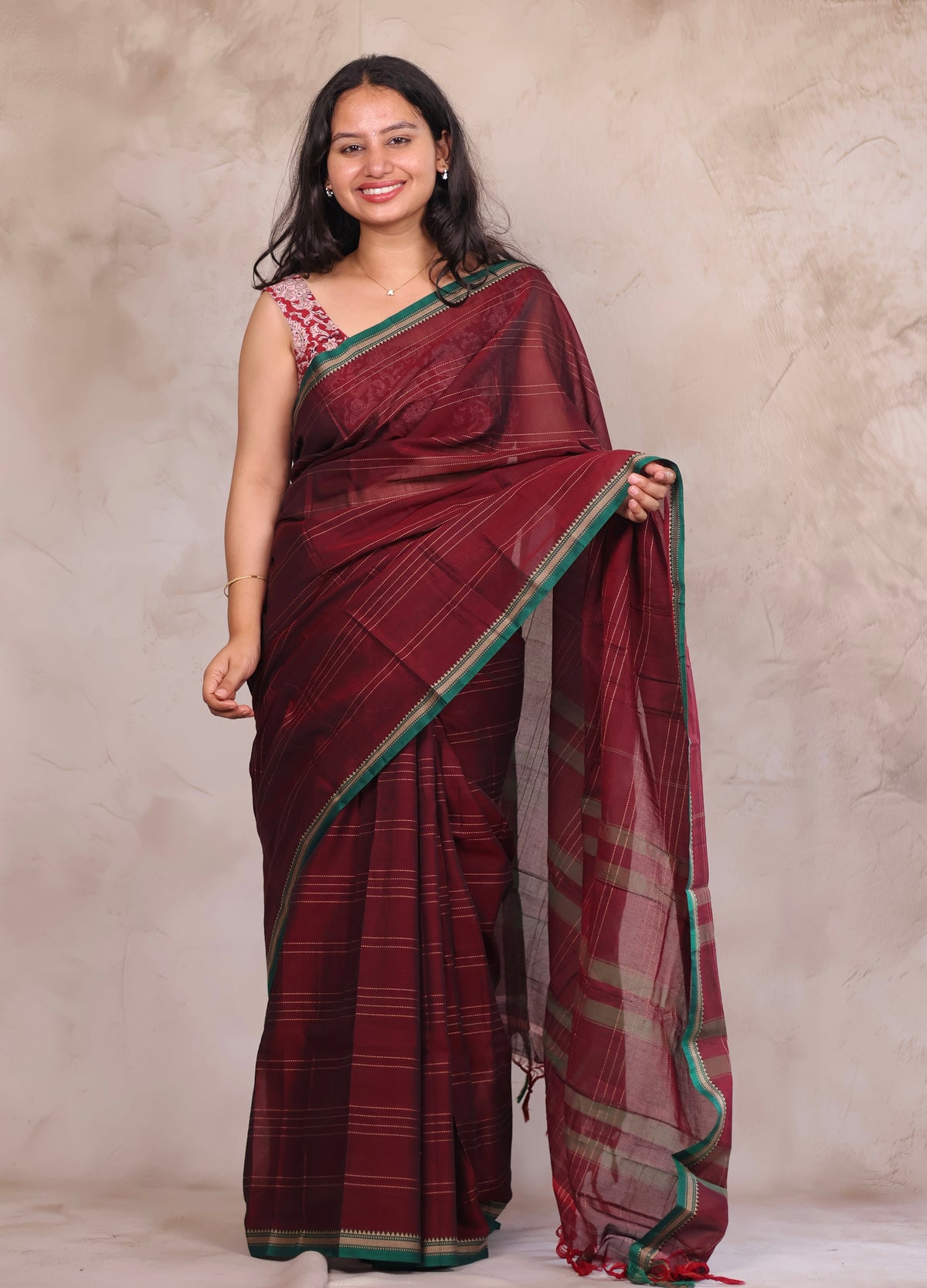 Maroon Narayanpet Cotton Saree lines weaving Saree | Looms & Tassels