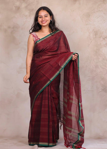 Maroon Narayanpet Cotton Saree lines weaving Saree | Looms & Tassels
