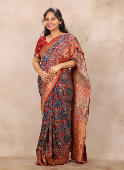 Red Badam Butta Ajrakh Handblock printed Dola Silk Saree | Looms & Tassels