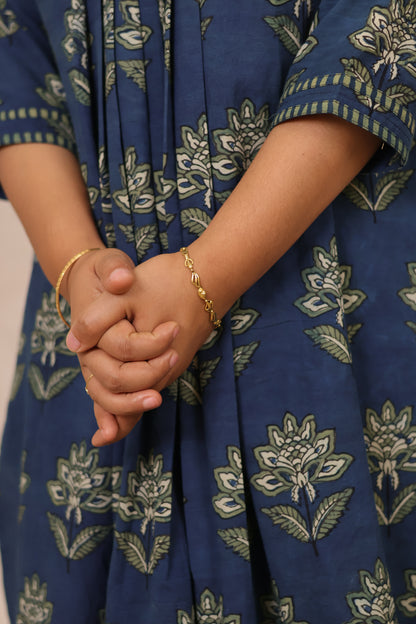Indigo Pure Mul Cotton Ajrakh Patchwork Aline Kurta | Looms & Tassels