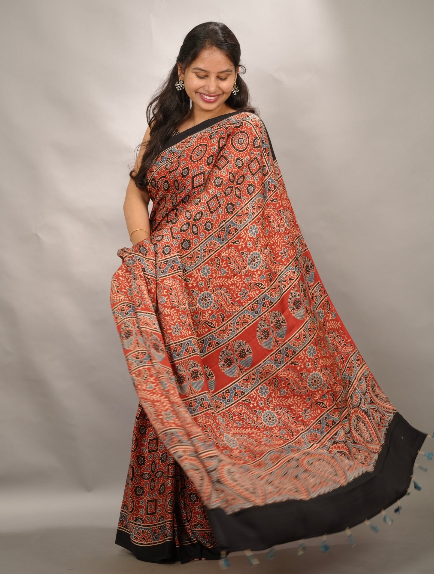 Red Authentic Ajrakh Handblock Printed Modal Silk Saree | Looms & Tassels