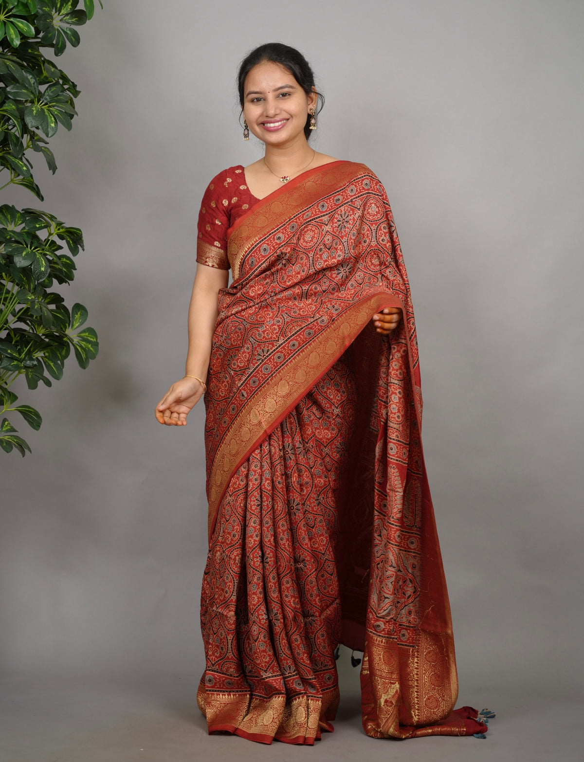 Maroon Ajrakh Handblock printed Dola Silk Saree| Looms & Tassels