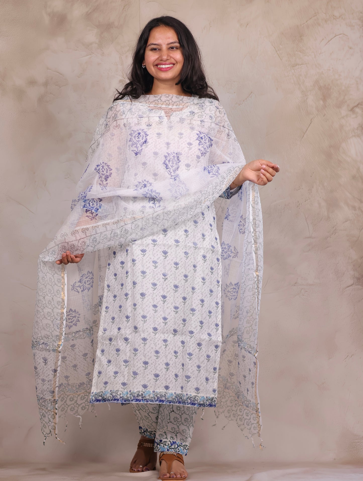 White Sangneri Handblock printed kota 3 piece suit (stitched)