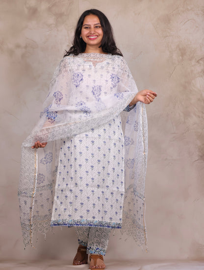 White Sangneri Handblock printed kota 3 piece suit (stitched)