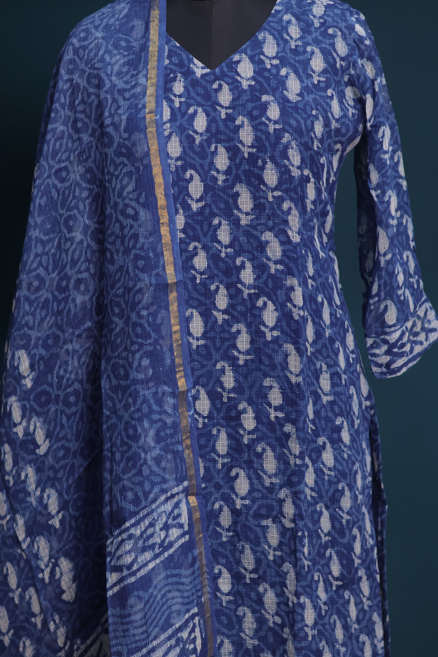 Indigo Handblock printed kota 3 piece suit (stitched)