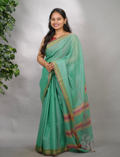 Sea Green Narayanpet Cotton Saree | Looms & Tassels
