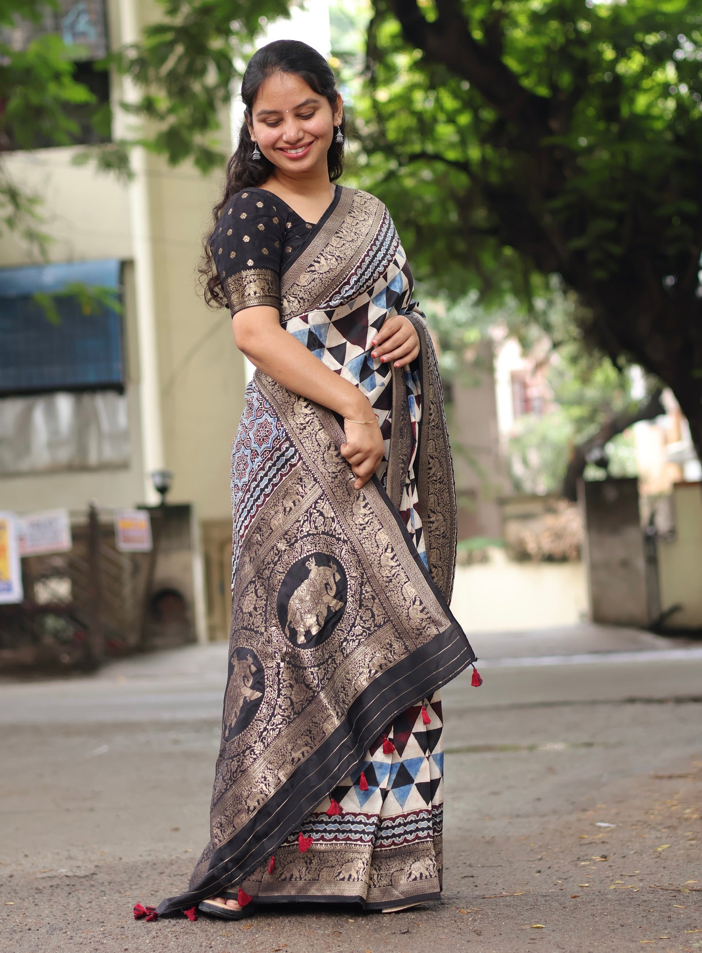 Contemporary Ajrakh Dola Silk Saree
