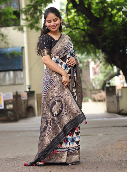 Contemporary Ajrakh Dola Silk Saree