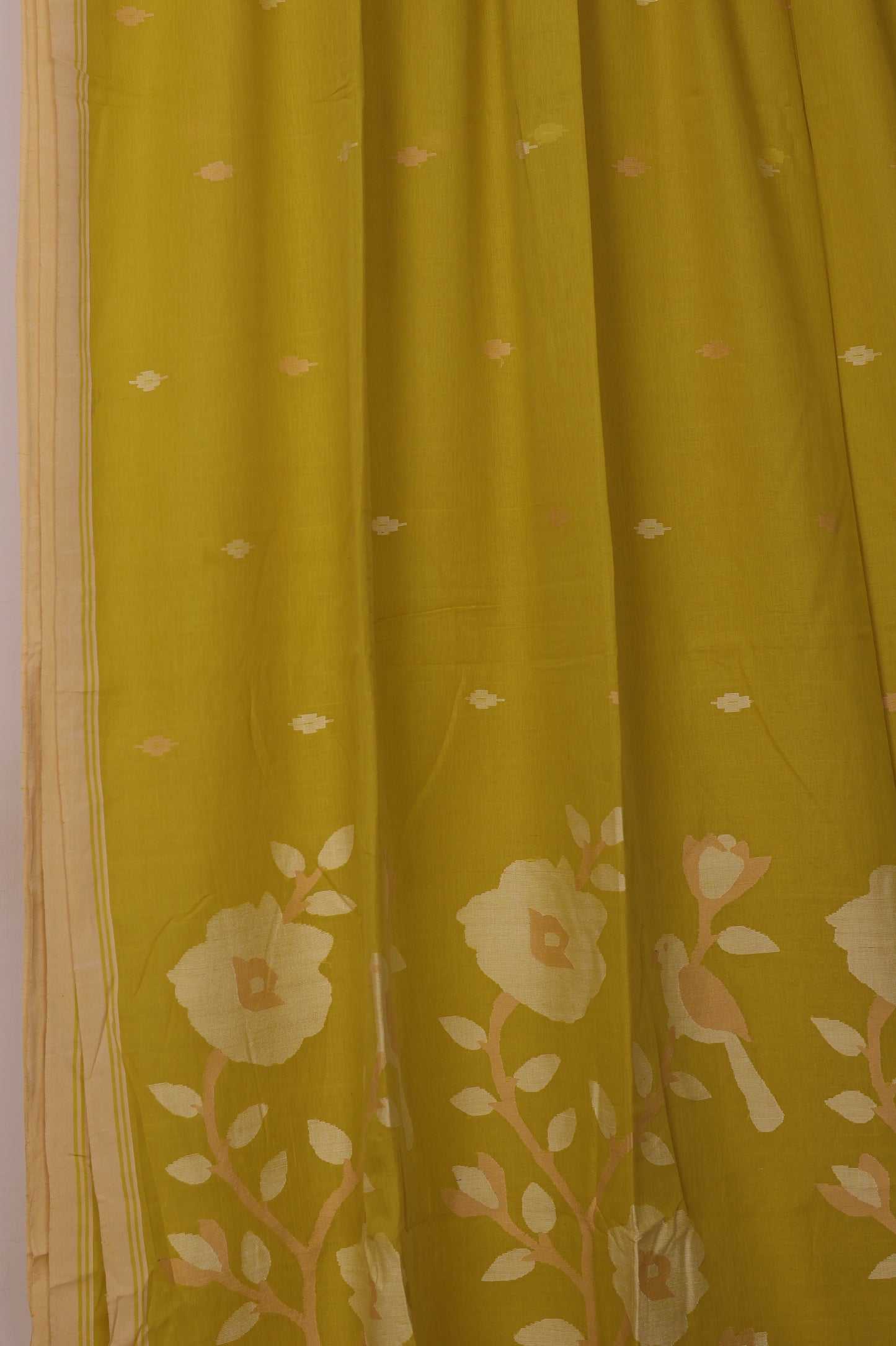 Olive Green Pure Handwoven Jamdhani Malai Cotton Saree