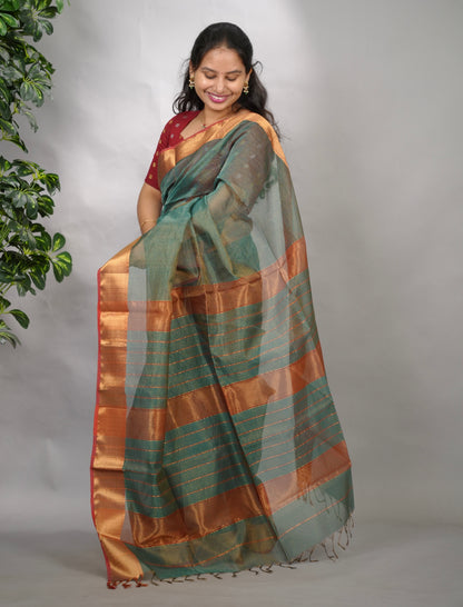 Sea Green Checks Handloom Maheswari Tissue Silk Cotton Sarees | Looms & Tassels
