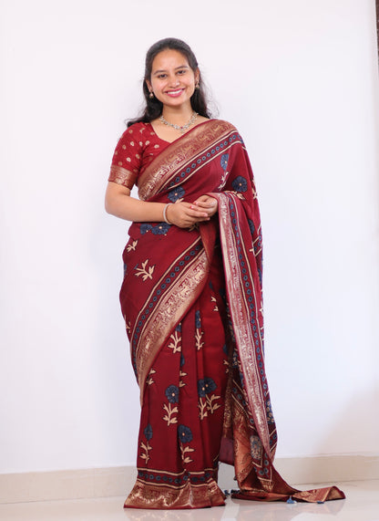 Ajrakh Dola Silk Saree