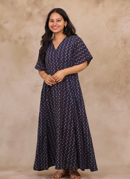 Indigo Blue Hand Block Printed Pure Mul Cotton Maxi Dress | Looms & Tassels