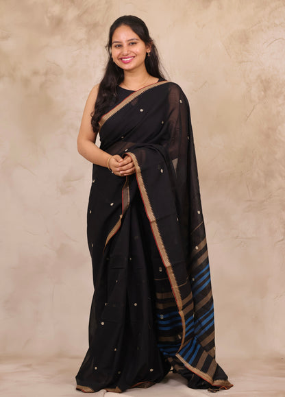 Black Narayanpet Cotton Saree With Butta Weaving | Looms & Tassels