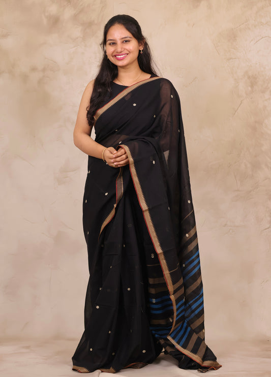 Black Narayanpet Cotton Saree With Butta Weaving | Looms & Tassels