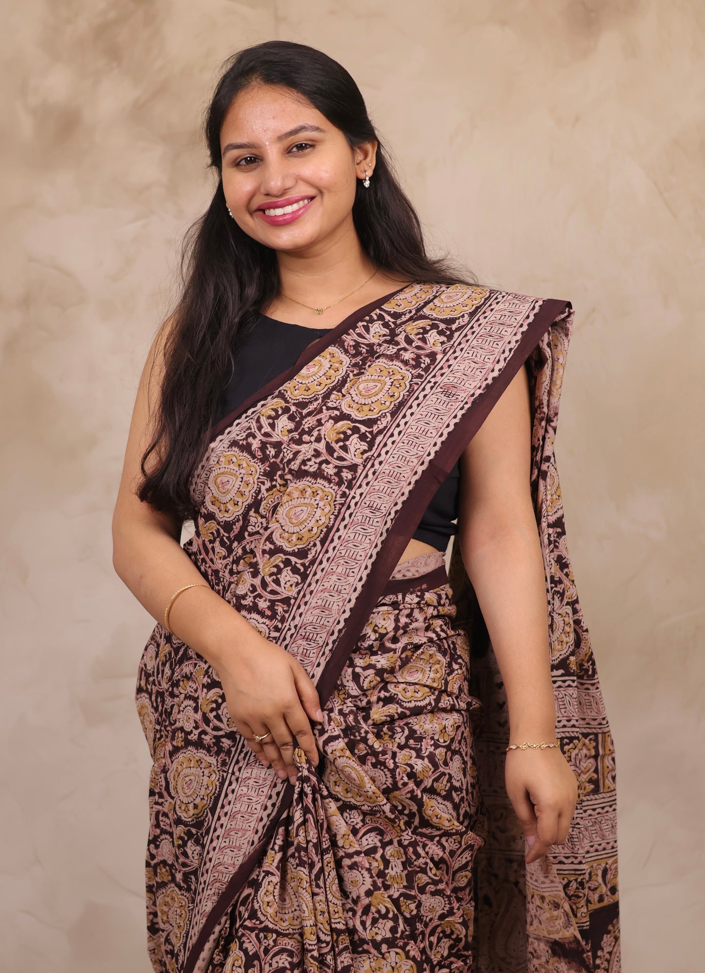 Maroon Hand Block Printed Kalamkari Cotton Saree | Looms & Tassels