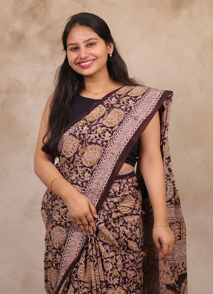 Maroon Hand Block Printed Kalamkari Cotton Saree | Looms & Tassels