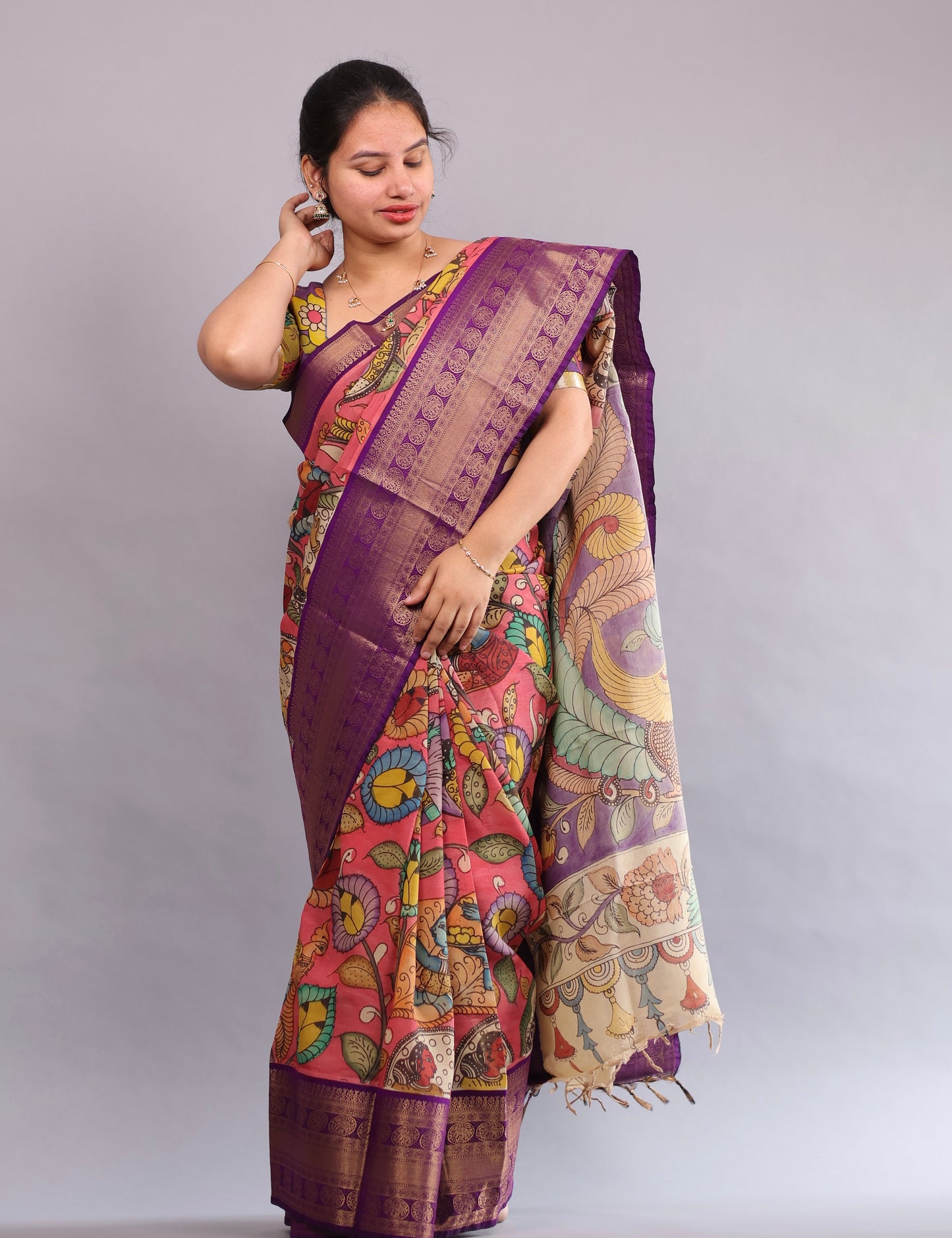 Pink Hand Painted Pen Kalamkari Silk Saree