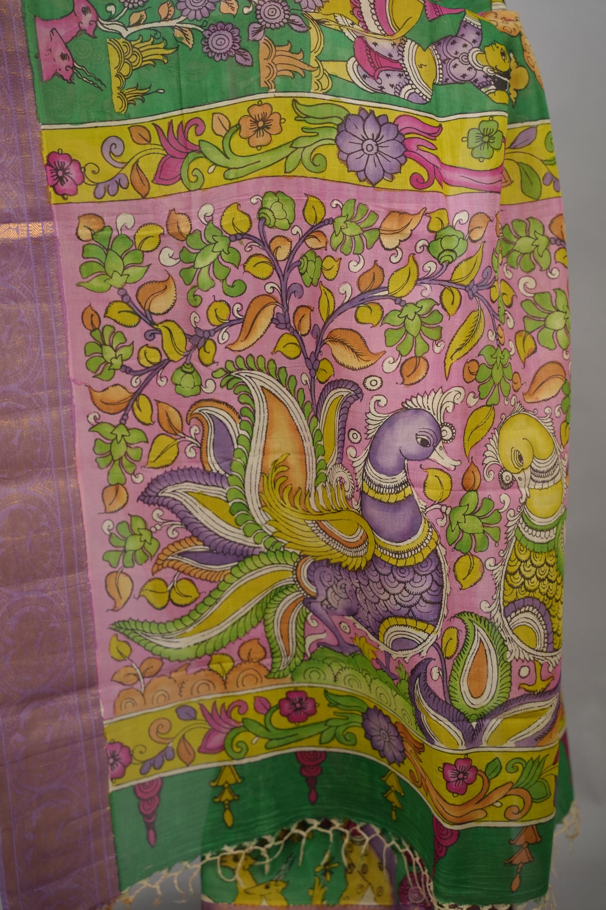 Green Hand Drawn Pen Kalamkari Bangalore Silk Kanchi Border Saree | Looms & Tassels