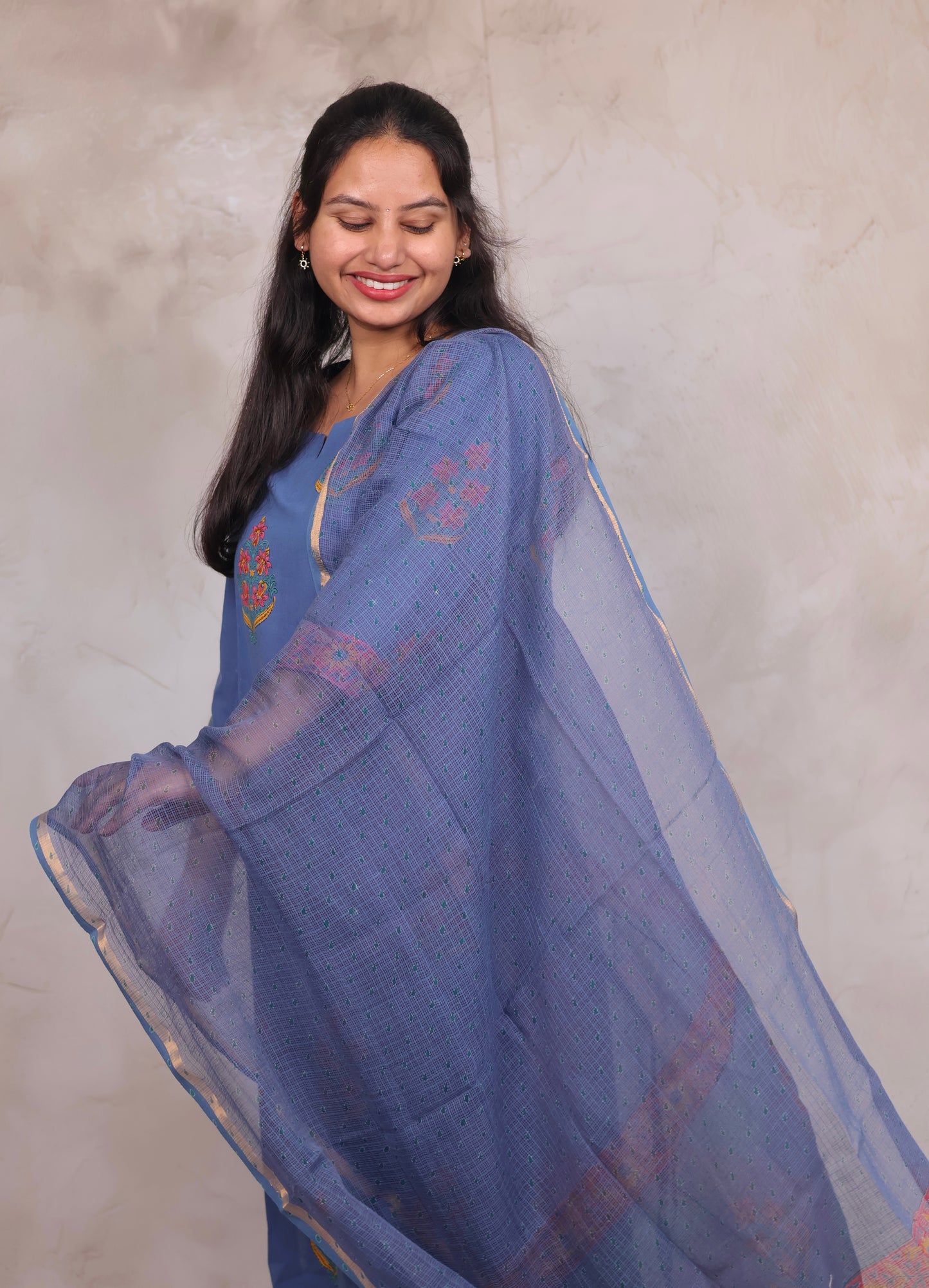 Blue Handblock printed Pure Mul Cotton with Kota Duppata 3 piece suit (stitched)