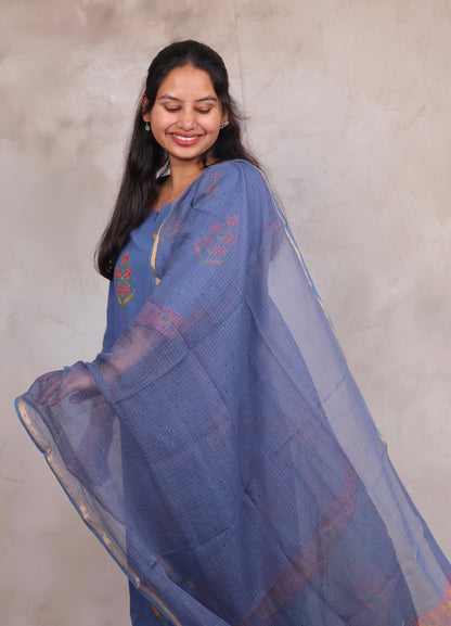 Blue Handblock printed Pure Mul Cotton with Kota Duppata 3 piece suit (stitched)