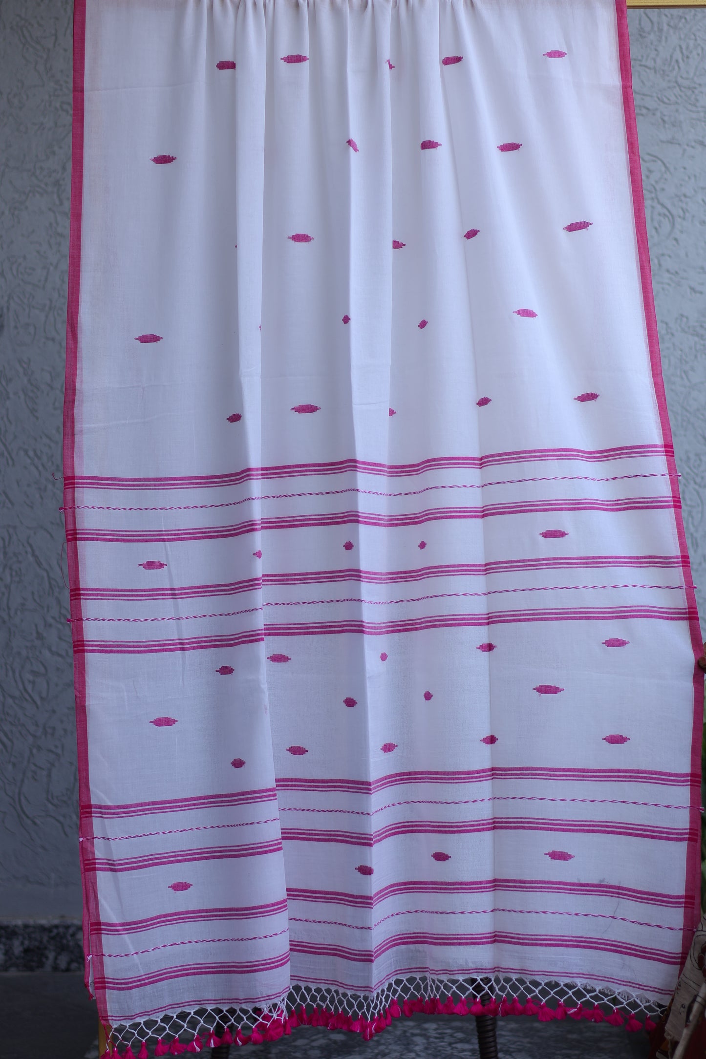 White & Pink Pure Handwoven Malai Cotton Saree with Butta Weaving