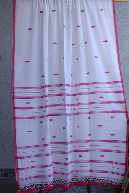 White & Pink Pure Handwoven Malai Cotton Saree with Butta Weaving