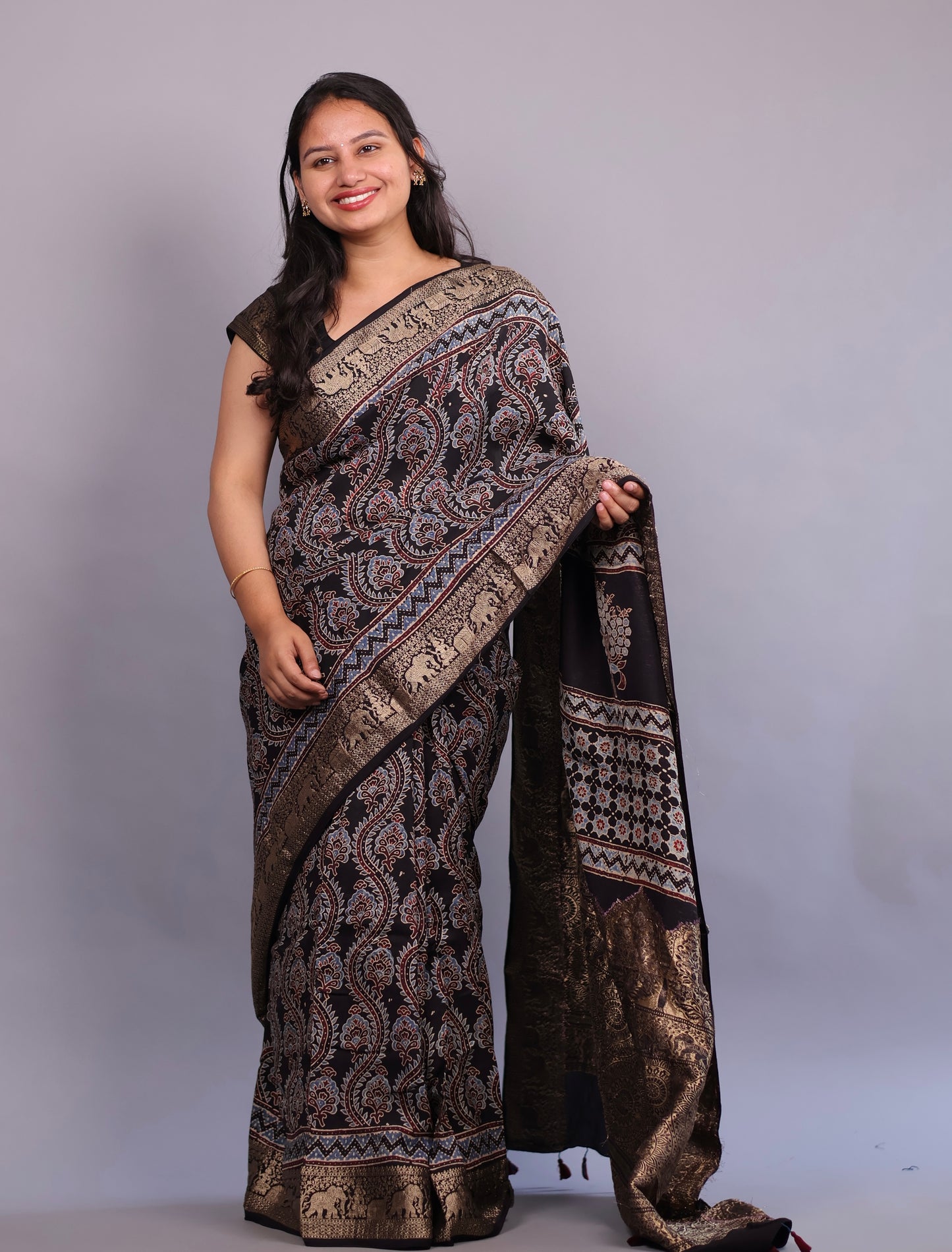 Black Floral Jal Motifs Ajrakh Handblock printed Dola Silk Saree | Looms & Tassels
