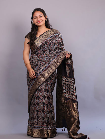 Black Floral Jal Motifs Ajrakh Handblock printed Dola Silk Saree | Looms & Tassels