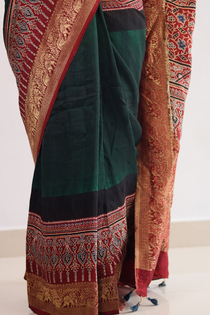 Green Ajrakh Dola Silk Saree