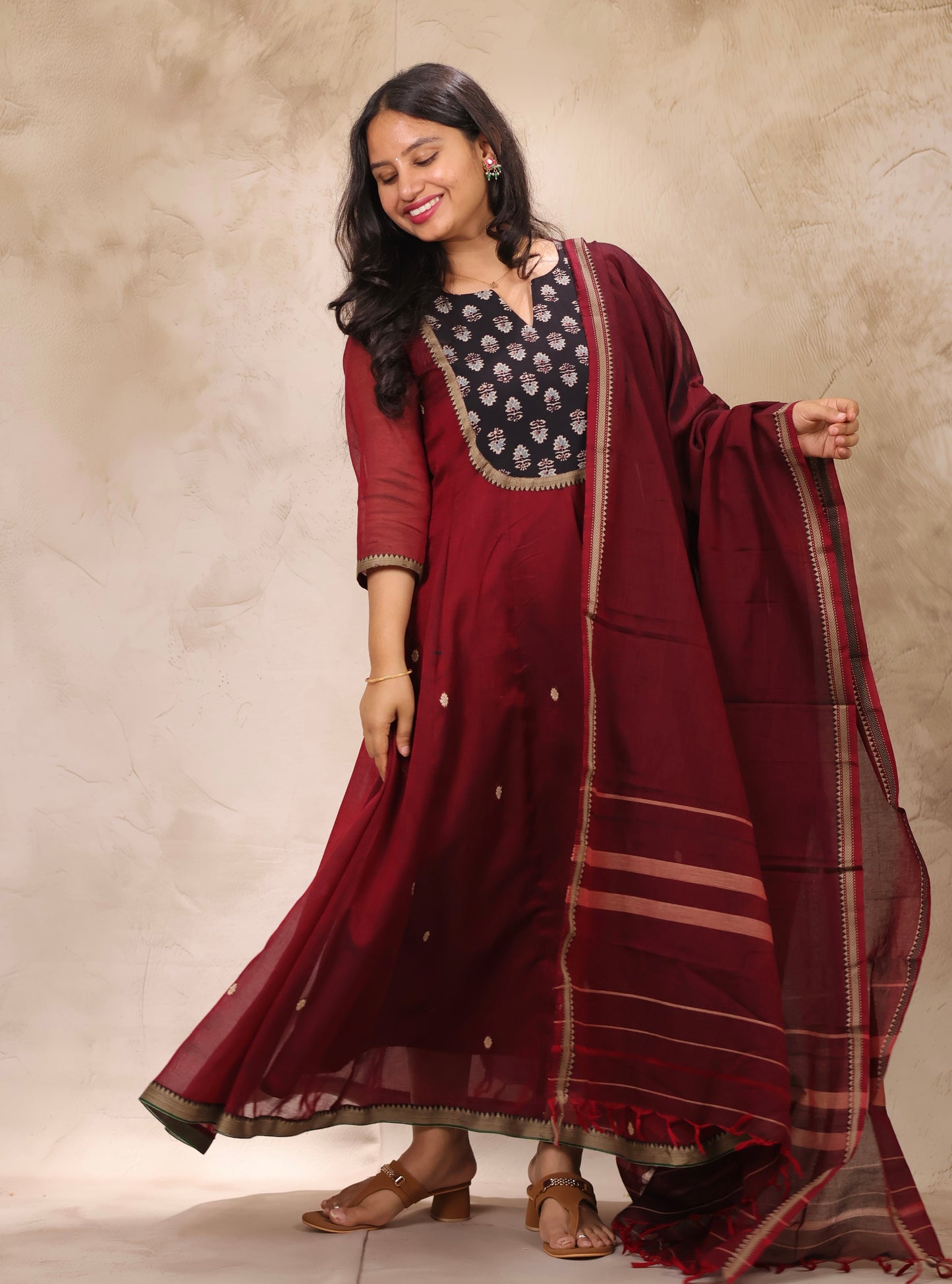 Maroon Ajrakh Patch Work Narayanpet Cotton Anarkali Dress with Narayanpet Dupatta | Looms & Tassels
