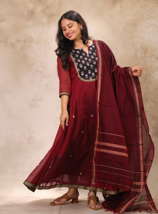 Maroon Ajrakh Patch Work Narayanpet Cotton Anarkali Dress with Narayanpet Dupatta | Looms & Tassels