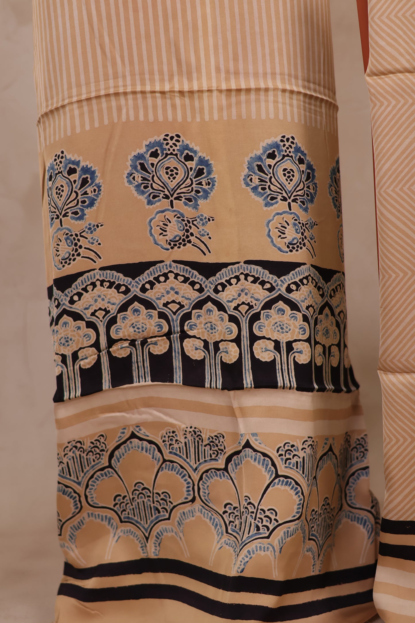 Cream Ajrakh Hand Block Printed Natural Dyed Modal Silk 2 Piece Suit Set | Looms & Tassels