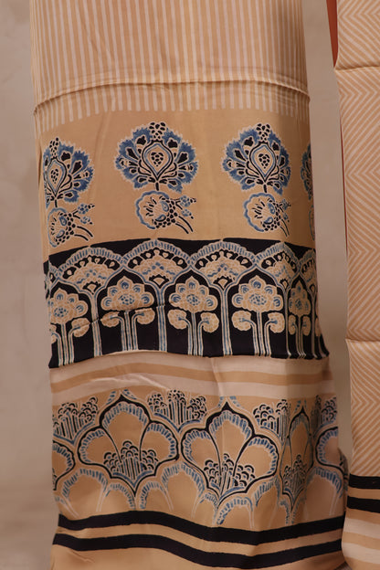 Cream Ajrakh Hand Block Printed Natural Dyed Modal Silk 2 Piece Suit Set | Looms & Tassels