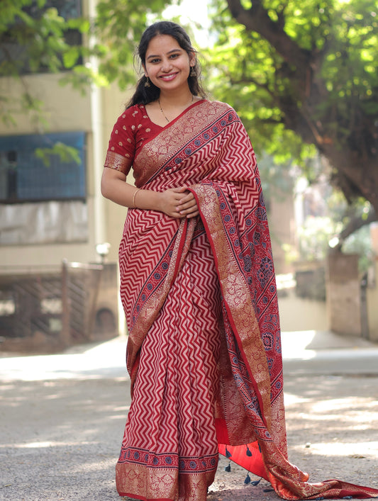 Contemporary Ajrakh Dola Silk Saree