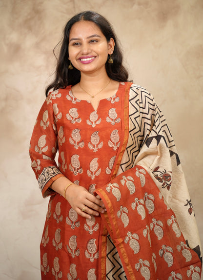 Maroon Handblock printed Pure Chenderi Silk 3 piece suit (stitched) |  Looms & Tassels