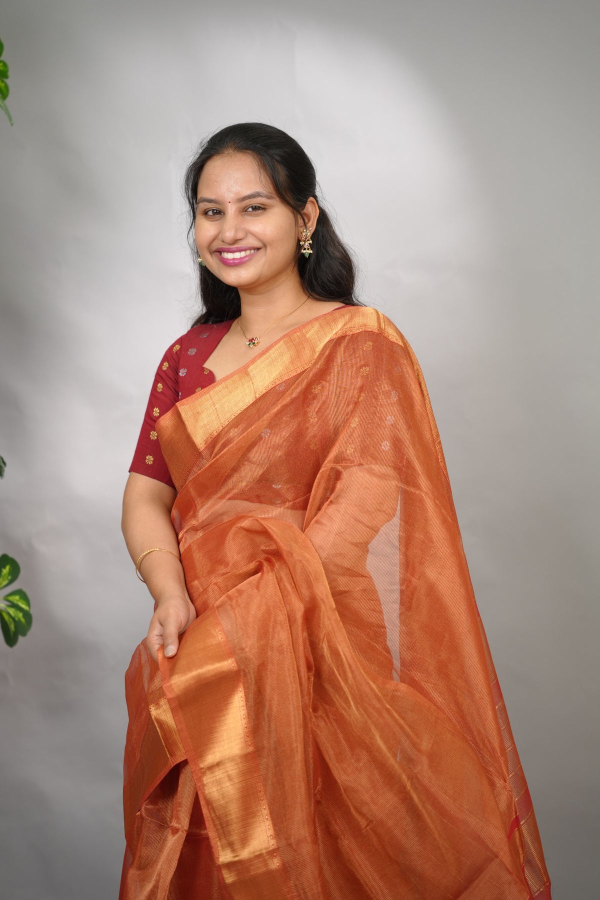 Rust Checks Handloom Maheswari Tissue Silk Cotton Sarees | Looms & Tassels