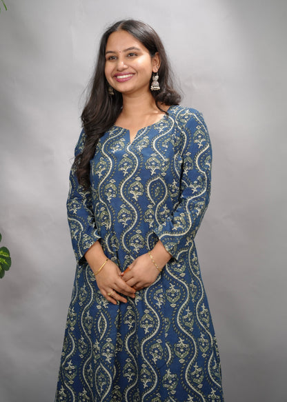 Indigo Ajrakh Cotton Kali Kurta | Looms & Tassels