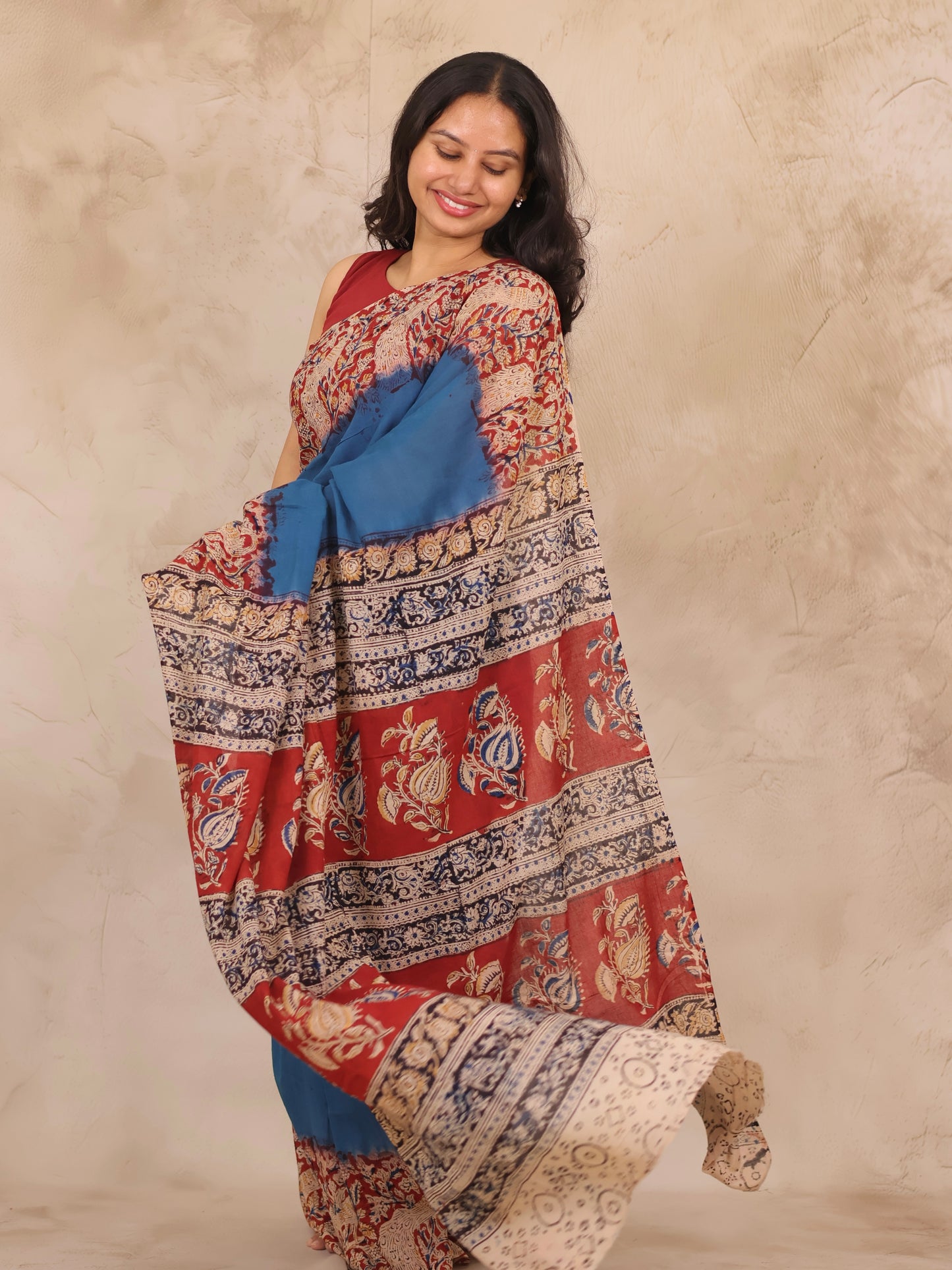 Cyan Blue Hand Block Printed Kalamkari Cotton Saree | Looms & Tassels