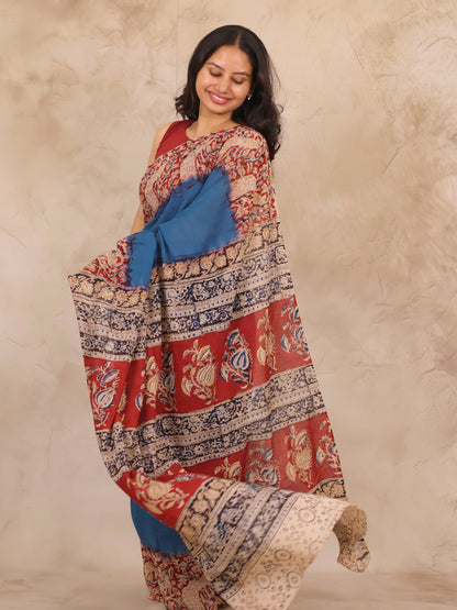 Cyan Blue Hand Block Printed Kalamkari Cotton Saree | Looms & Tassels