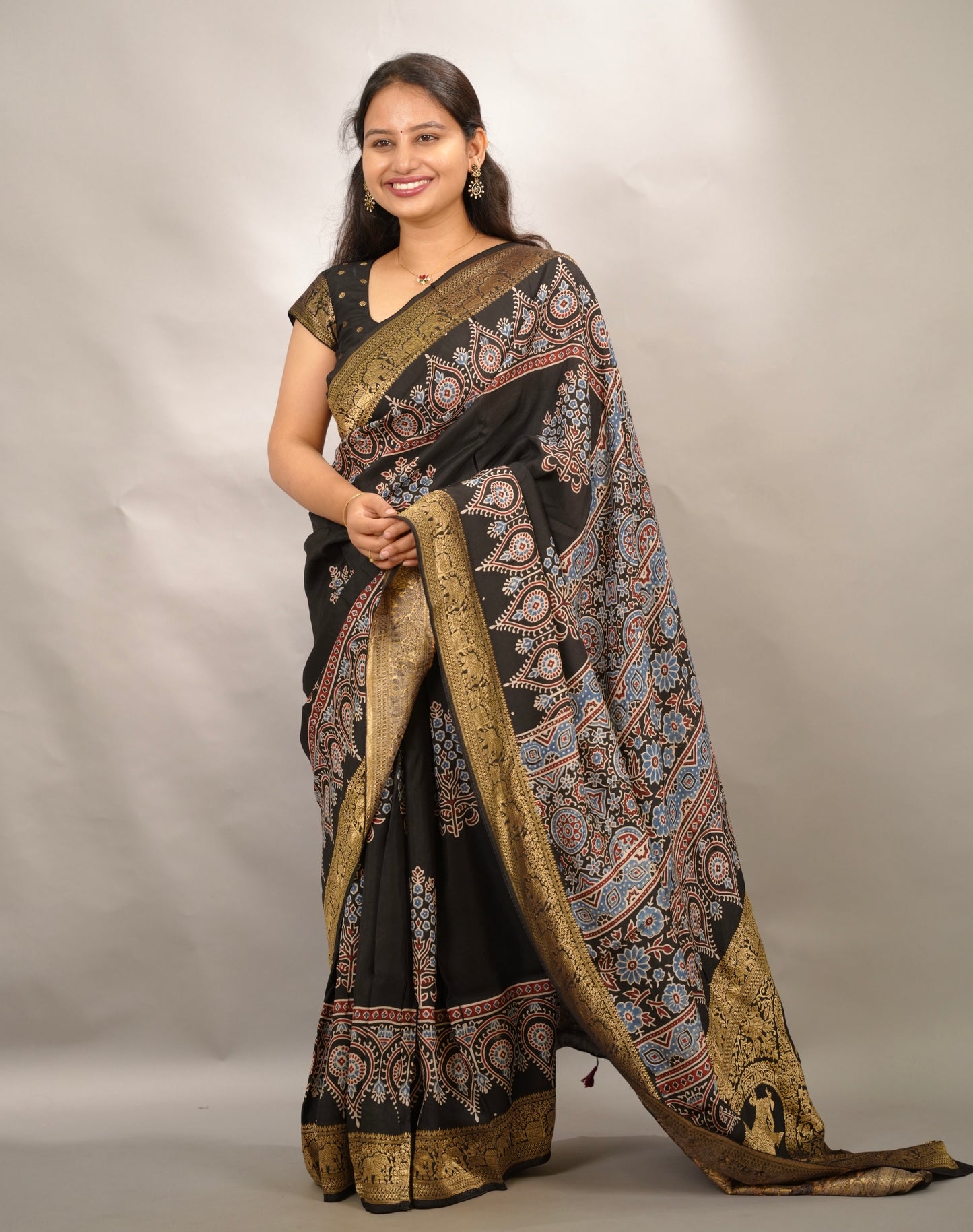 Black Ajrakh Handblock printed Dola Silk Saree | Looms & Tassels