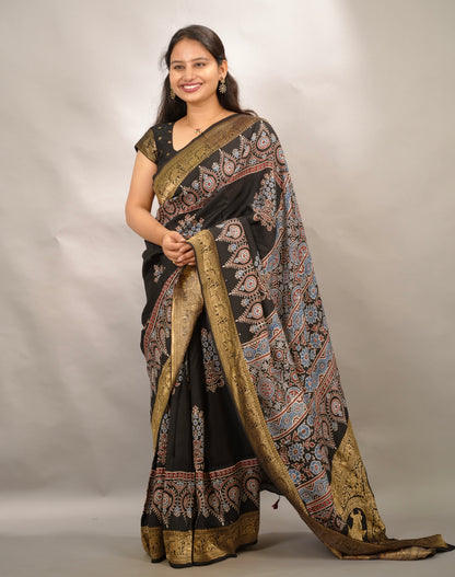 Black Ajrakh Handblock printed Dola Silk Saree | Looms & Tassels