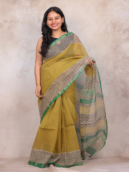 Yellow Pure Kota Doria Saree with Bagru Handblock Prints | Looms & Tassels
