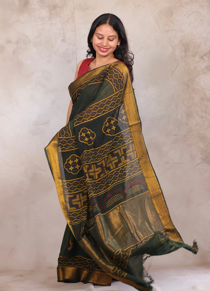 Green Ajrakh Hand Block Printed Mangalagiri Cotton Saree | Looms & Tassels