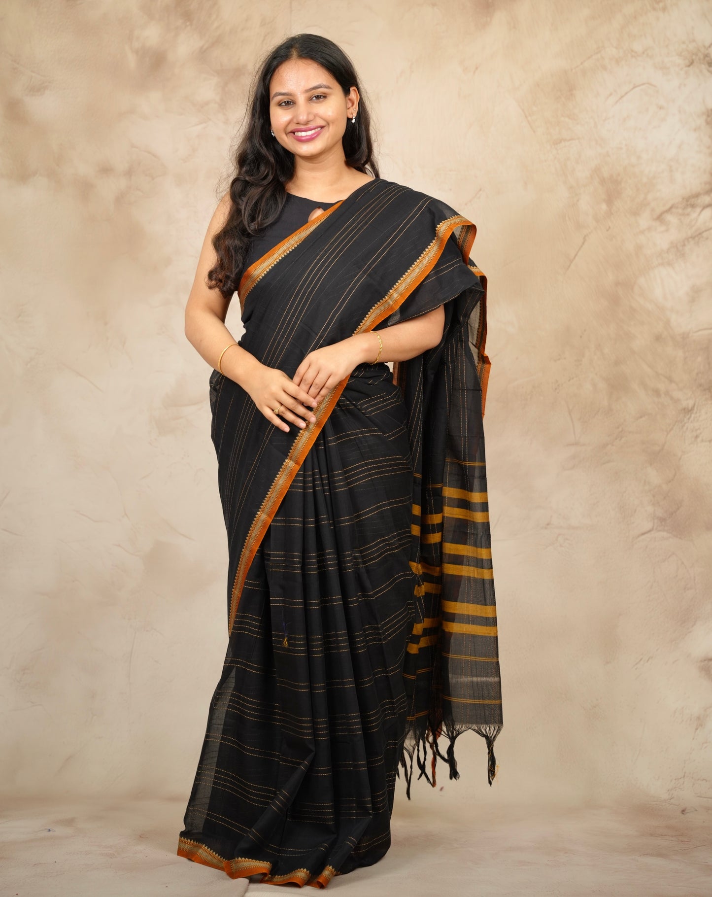 Black Narayanpet Cotton Saree lines weaving | Looms & Tassels