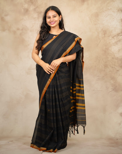 Black Narayanpet Cotton Saree lines weaving | Looms & Tassels